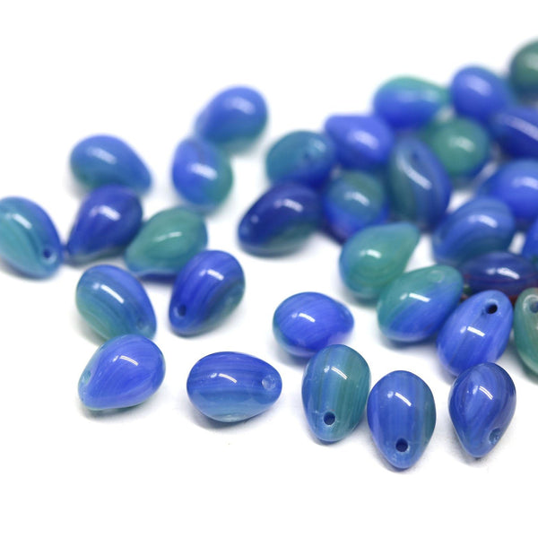 70pc Blue green teardrops, czech glass top drilled drop beads - 5x7mm
