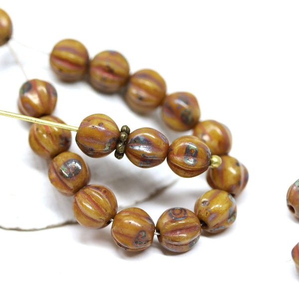 6mm Picasso brown czech glass melon shape beads - 30pc