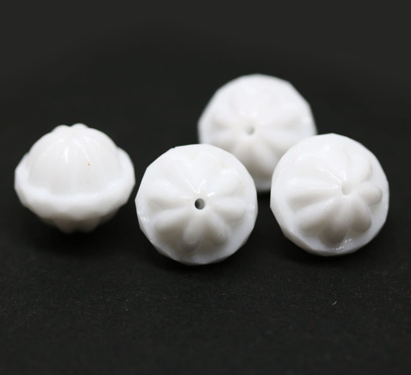 12x14mm Large fancy bicone beads, Opaque white carved Czech glass fire polished beads 4Pc