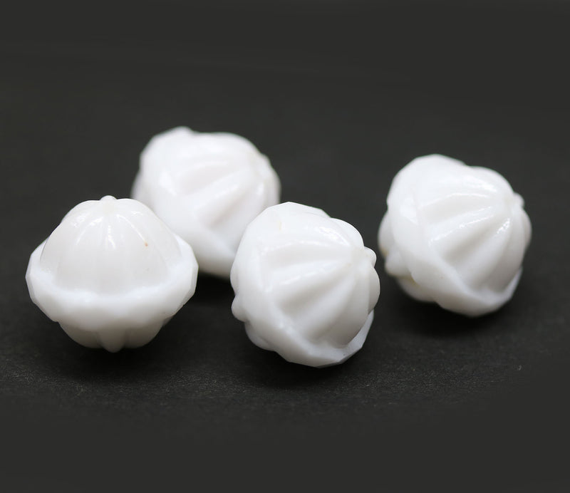 12x14mm Large fancy bicone beads, Opaque white carved Czech glass fire polished beads 4Pc