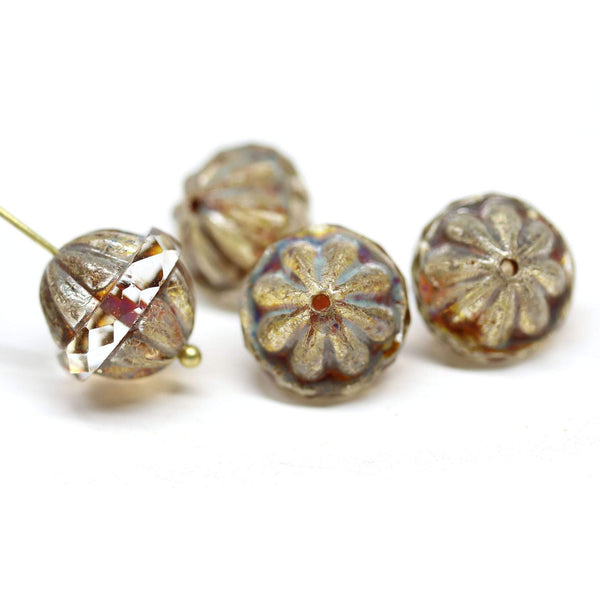 12x14mm Picasso large fancy bicone beads, Light topaz carved Czech glass fire polished beads 4Pc