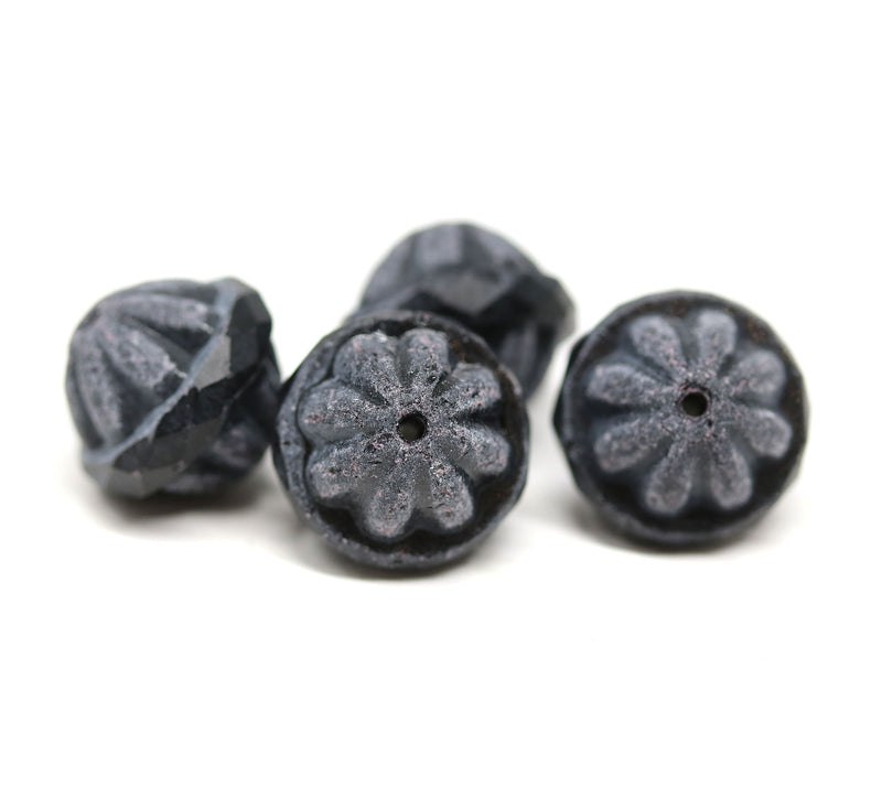 12x14mm Matte black Large fancy bicone beads, carved Czech glass fire polished 4Pc