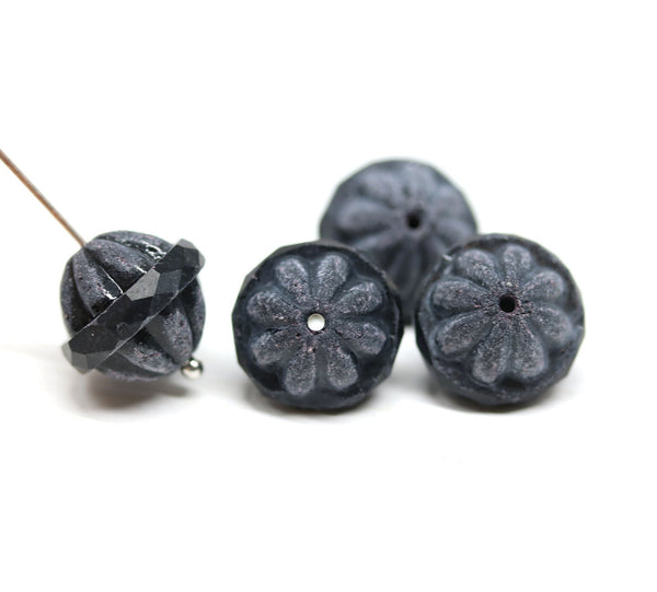 12x14mm Matte black Large fancy bicone beads, carved Czech glass fire polished 4Pc
