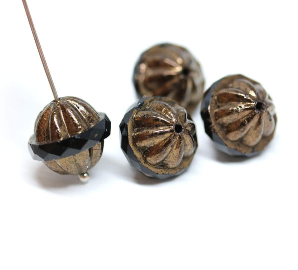 12x14mm Black large fancy bicone beads, Golden ends carved Czech glass fire polished beads 4Pc