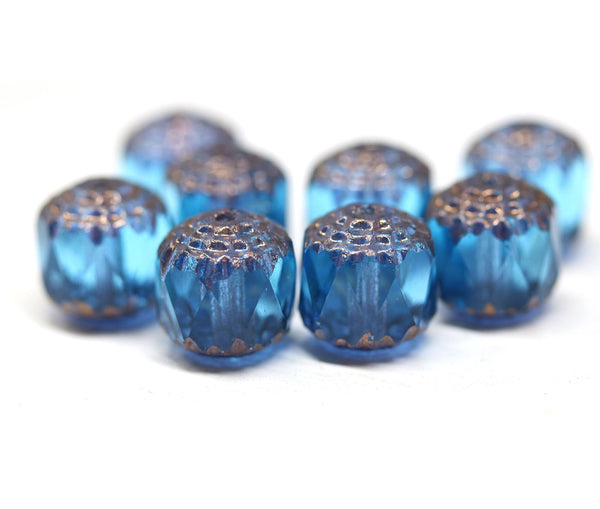 10mm Aqua blue cathedral czech glass beads, Copper ends fire polished 8Pc