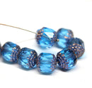 10mm Aqua blue cathedral czech glass beads, Copper ends fire polished 8Pc