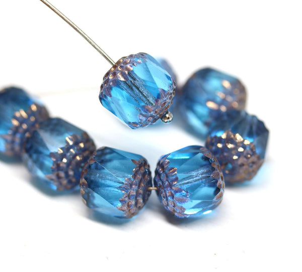 10mm Aqua blue cathedral czech glass beads, Copper ends fire polished 8Pc