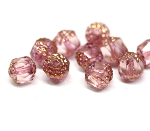 8mm Pink cathedral czech glass beads, Golden ends fire polished faceted ball beads 10Pc