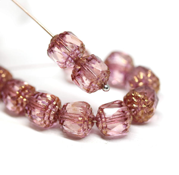 8mm Pink cathedral czech glass beads, Golden ends fire polished faceted ball beads 10Pc