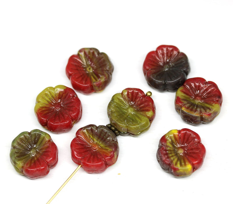 14mm Red yellow pansy flower, Czech glass flat daisy pressed beads - 8Pc