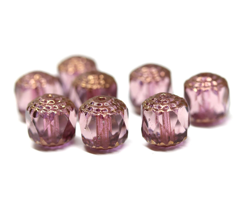 10mm Light purple cathedral czech glass beads, Golden ends fire polished 8Pc