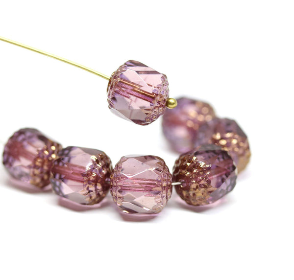 10mm Light purple cathedral czech glass beads, Golden ends fire polished 8Pc
