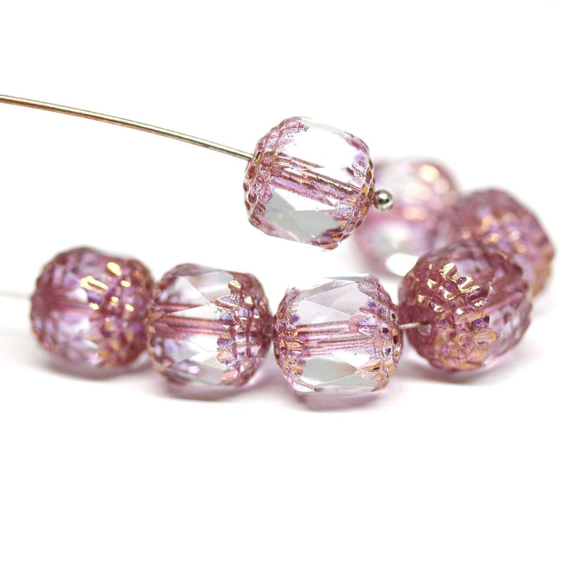 10mm Rose Pink cathedral czech glass beads, Golden ends fire polished 8Pc