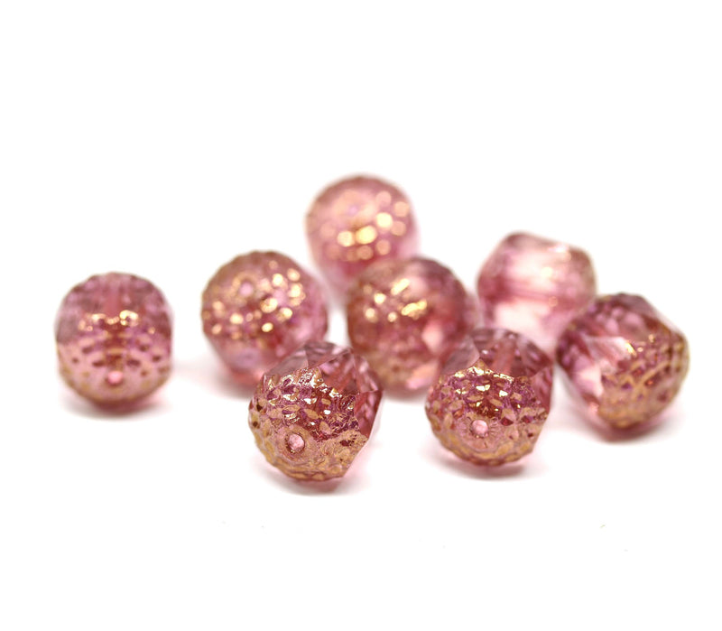 10mm Dark Pink cathedral czech glass beads, Golden ends fire polished 8Pc