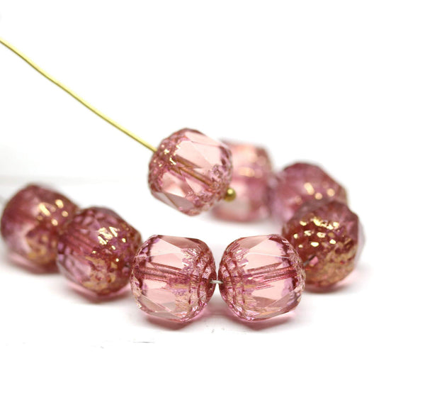 10mm Dark Pink cathedral czech glass beads, Golden ends fire polished 8Pc
