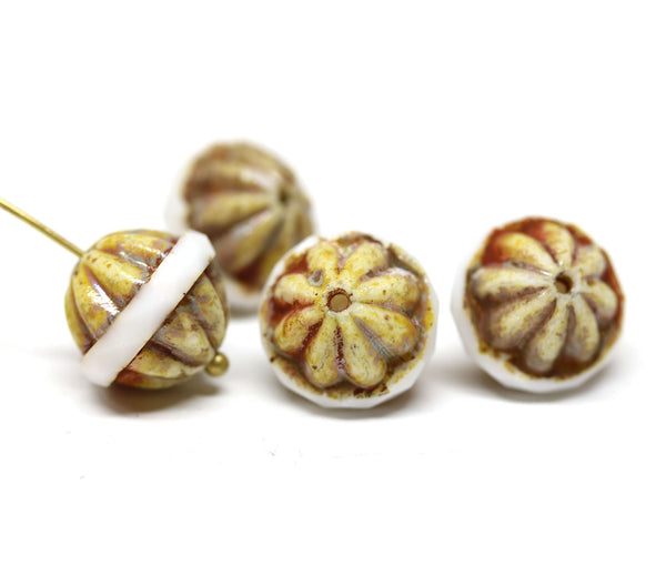 12x14mm Picasso large bicone beads, White carved Czech glass fire polished 4Pc
