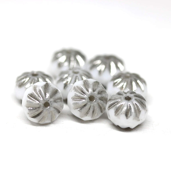 7x10mm White silver crueller rondelle Czech glass beads - 8Pc