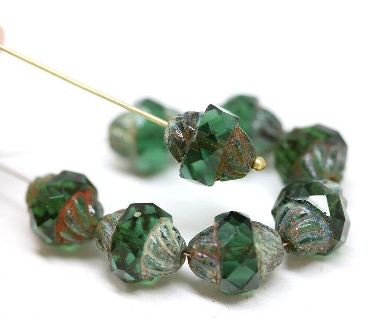 11x10mm Green turbine beads, Picasso finish Czech glass fire polished bicone faceted beads 8pc