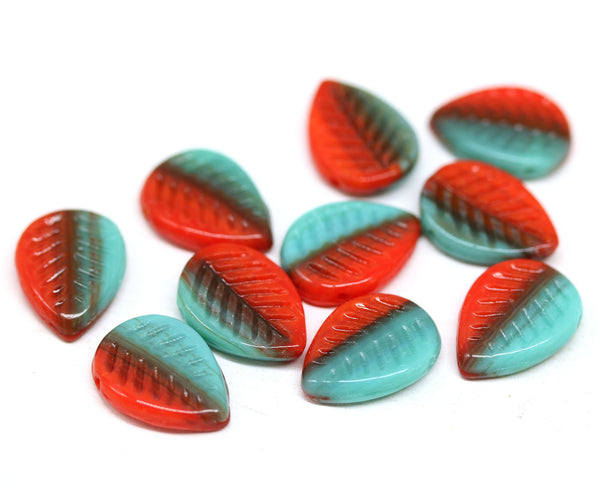 12x16mm Turquoise red side drilled leaf beads, Blue red glass leaves czech glass 10pc