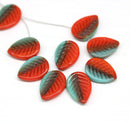 12x16mm Turquoise red side drilled leaf beads, Blue red glass leaves czech glass 10pc