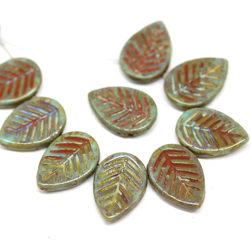12x16mm Turquoise green picasso finish side drilled leaf beads, 10pc
