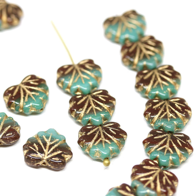 11x13mm Green brown leaf beads, Golden inlays Czech glass maple leaves 20pc