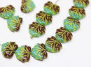 11x13mm Green brown leaf beads, Yellow inlays Czech glass maple leaves 20pc