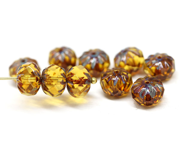7x10mm Amber topaz rondelle Czech glass beads, Picasso - 10Pc
