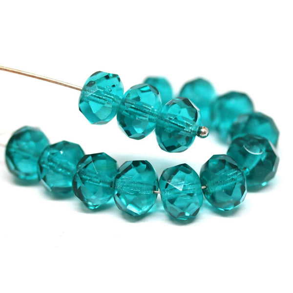 6x9mm Teal green Czech glass fire polished rondelle beads - 15Pc