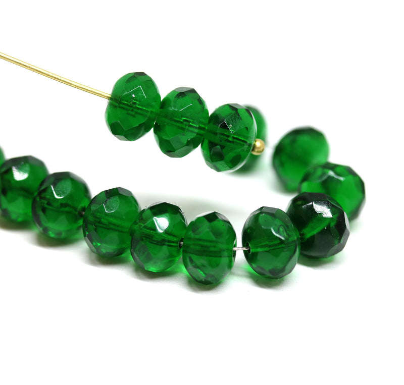 6x9mm Emerald green Czech glass rondelle beads - 15Pc