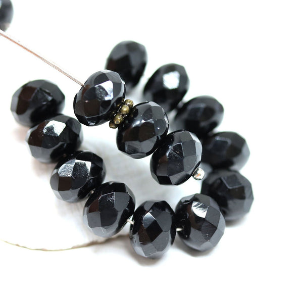 6x9mm Jet black Czech glass fire polished rondelle beads - 15Pc