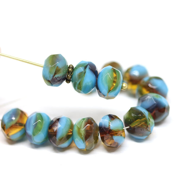 6x8mm Blue brown czech glass donut beads, blue yellow - 15pc
