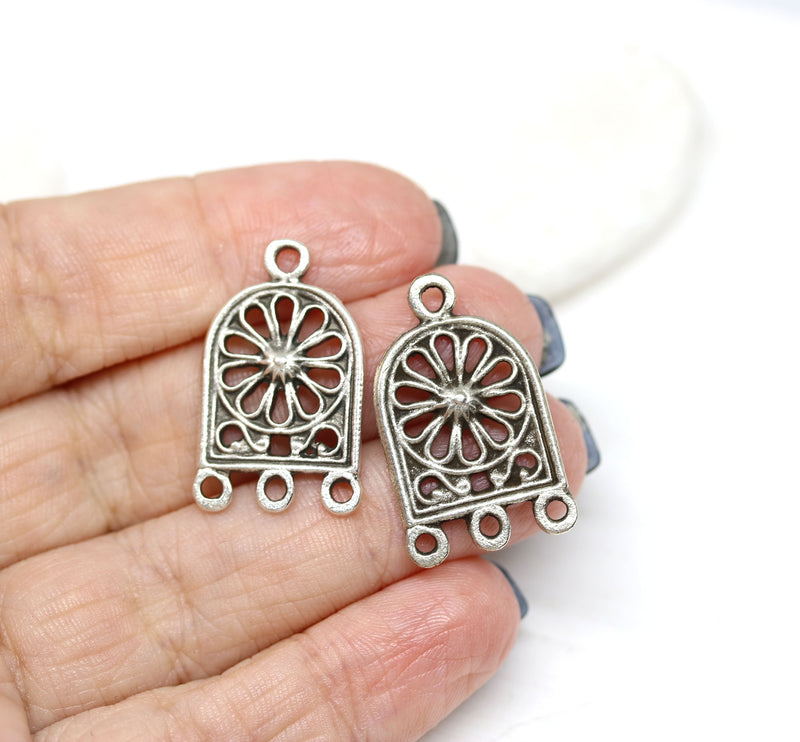 2pc Three loop Arc earrings connector antique silver, Flower ornament charms
