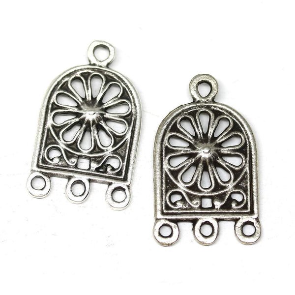 2pc Three loop Arc earrings connector antique silver, Flower ornament charms