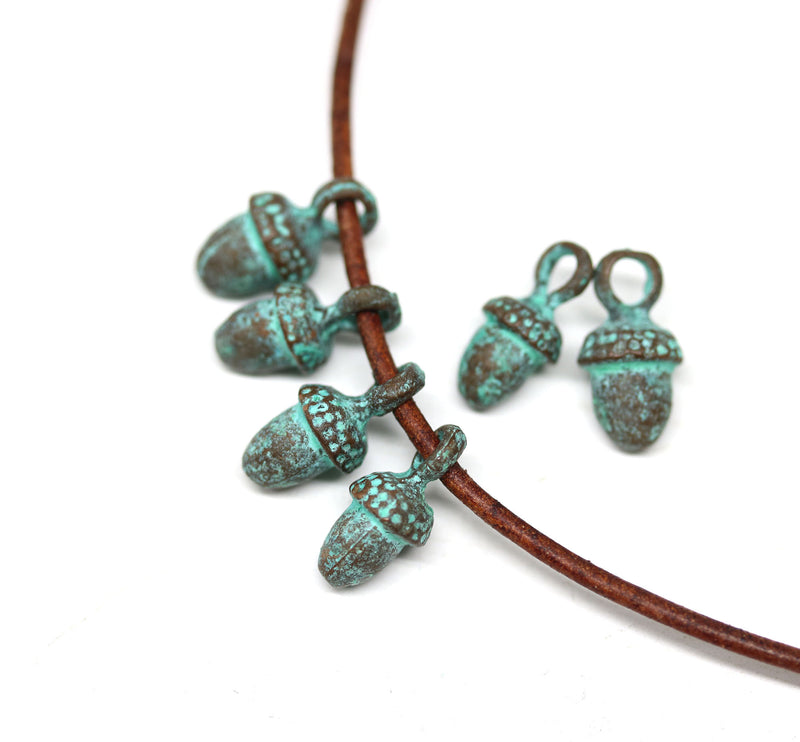 6pc small Acorn charms, Green patina on copper