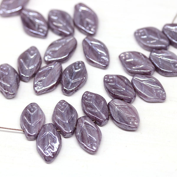 12x7mm Purple violet leaf beads, czech glass pressed leaves - 50pc