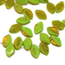 12x7mm Green yellow leaf beads, mixed green czech glass - 50pc