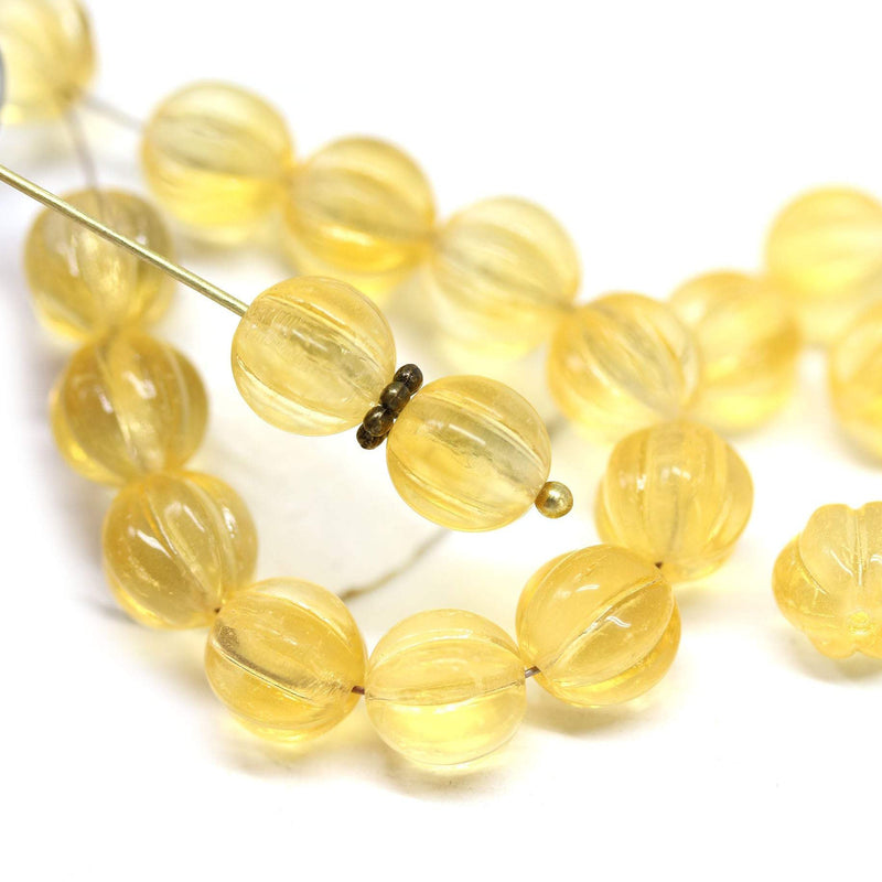 8mm Light yellow czech glass round beads, Melon shape - 20pc