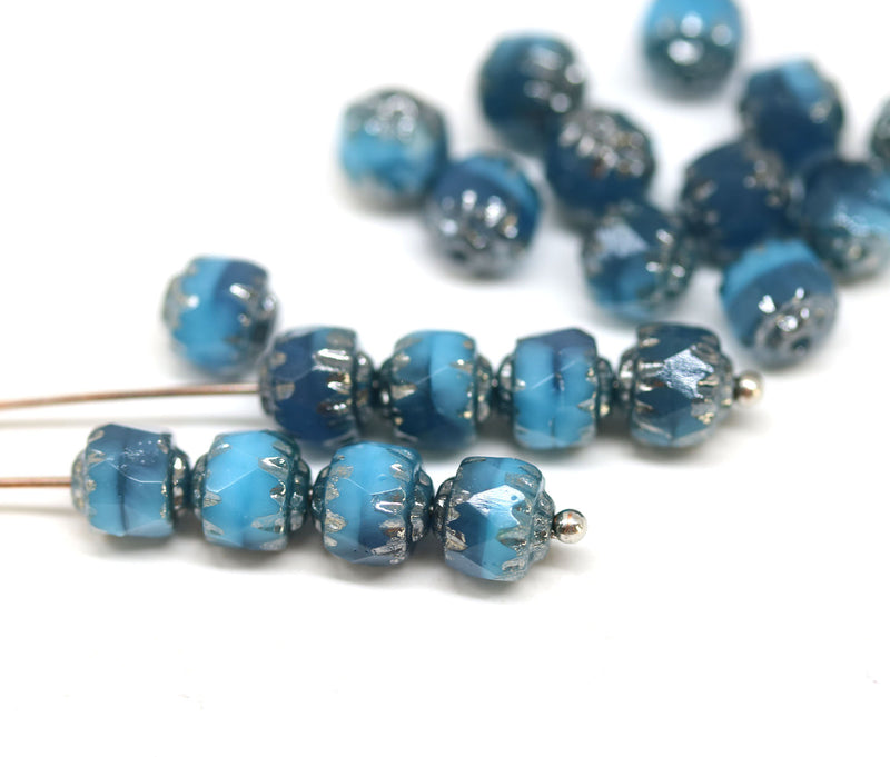 6mm Mixed blue cathedral beads, czech glass Fire polished round beads, Silver ends 20Pc