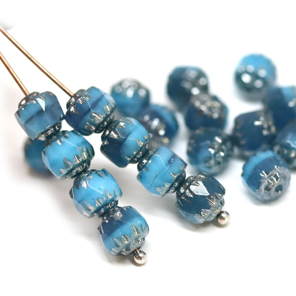 6mm Mixed blue cathedral beads, czech glass Fire polished round beads, Silver ends 20Pc