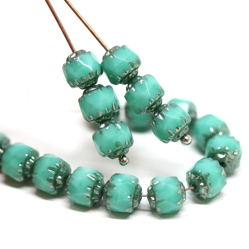 6mm Turquoise green cathedral beads, Czech glass round fire polished silver ends 20Pc