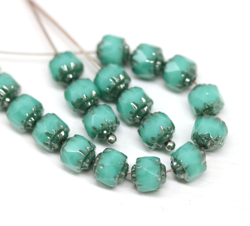 6mm Turquoise green cathedral beads, Czech glass round fire polished silver ends 20Pc