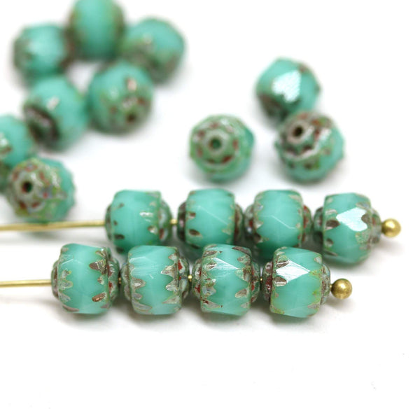 6mm Picasso finish Turquoise green cathedral beads, Czech glass round fire polished beads 20Pc