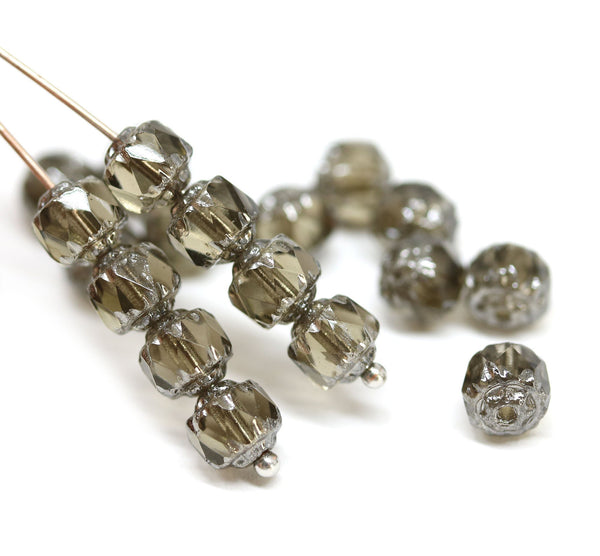 6mm Transparent gray cathedral beads, Czech glass round fire polished silver ends 20Pc