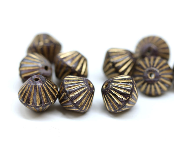11mm Dark violet purple bicone beads, Golden stripes, 10pc