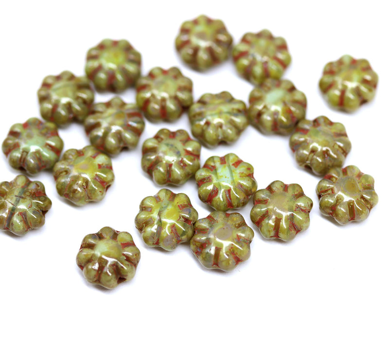 9mm Picasso green daisy flower czech glass beads, flat daisy floral beads 20Pc