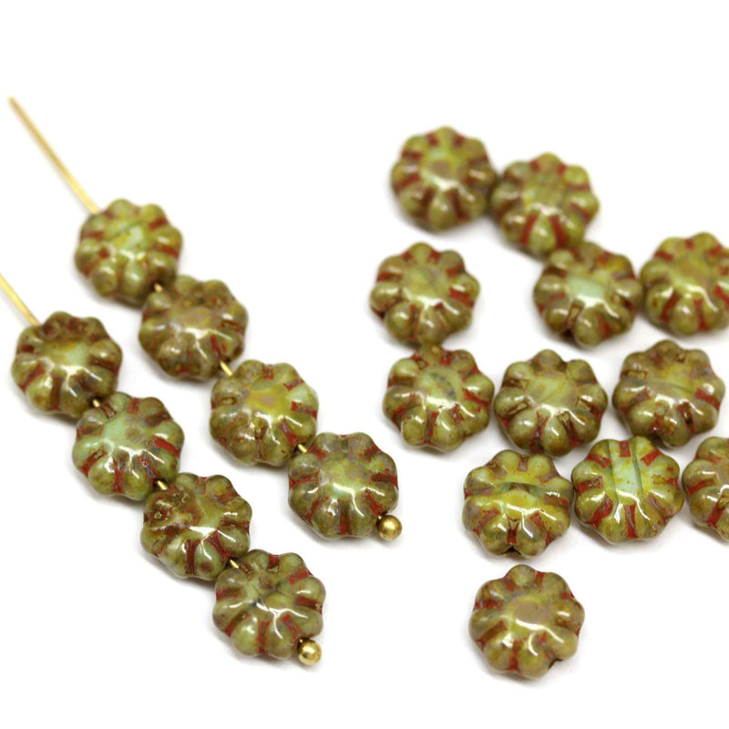 9mm Picasso green daisy flower czech glass beads, flat daisy floral beads 20Pc