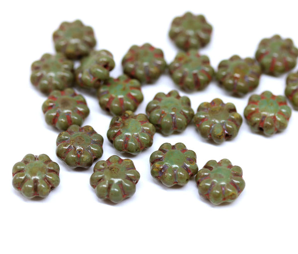 9mm Picasso green brown daisy flower czech glass beads, flat daisy 20Pc