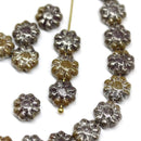 9mm Yellow brown daisy flower czech glass beads, Silver wash flat daisy 20Pc