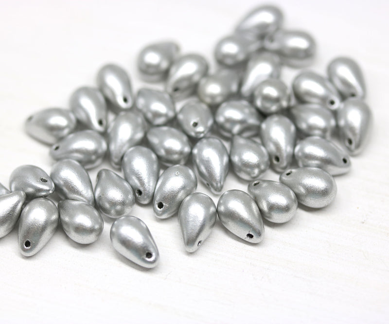 40pc Silver teardrop beads, czech glass pressed drops - 6x9mm